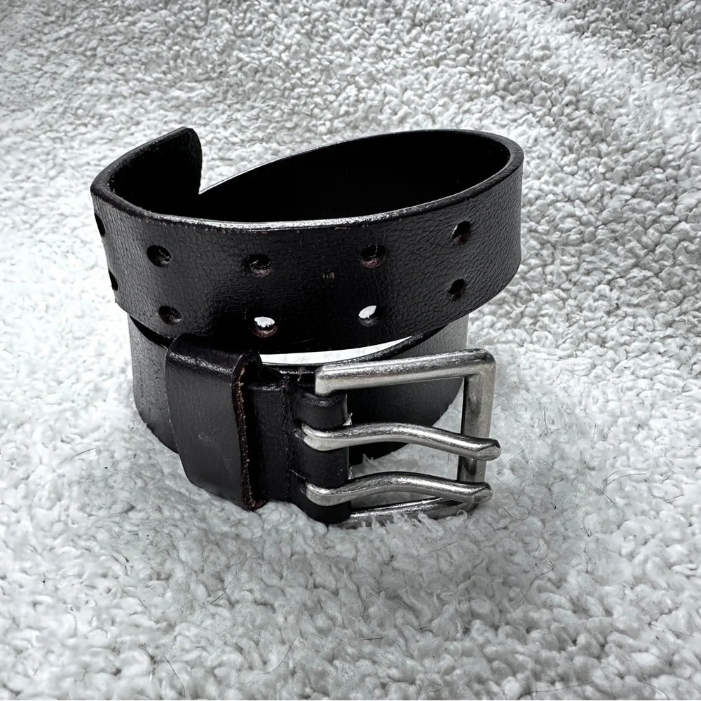 Nice Thick Top Grain Leather Brown Belt Double Prong Silver Tone Buckle, M